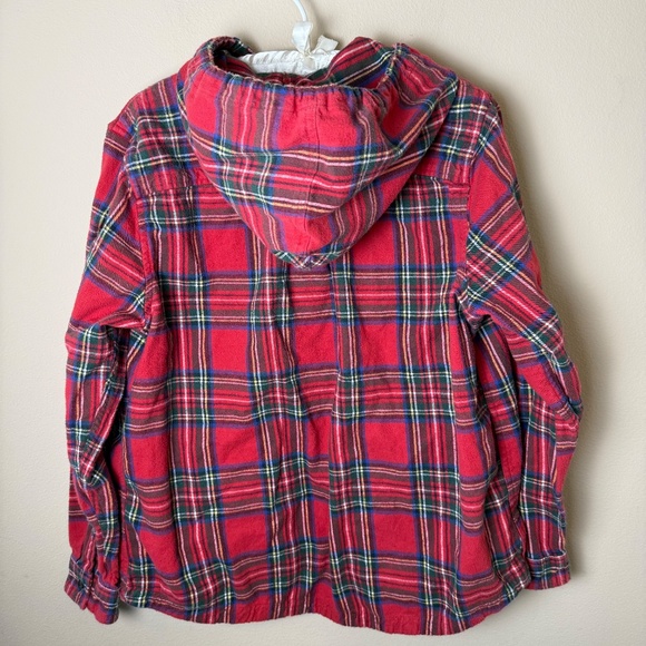 LL Bean Scotch Plaid Flannel Shirt Relaxed Fit Hoodie Womens Large Red Shacket - Picture 2 of 9